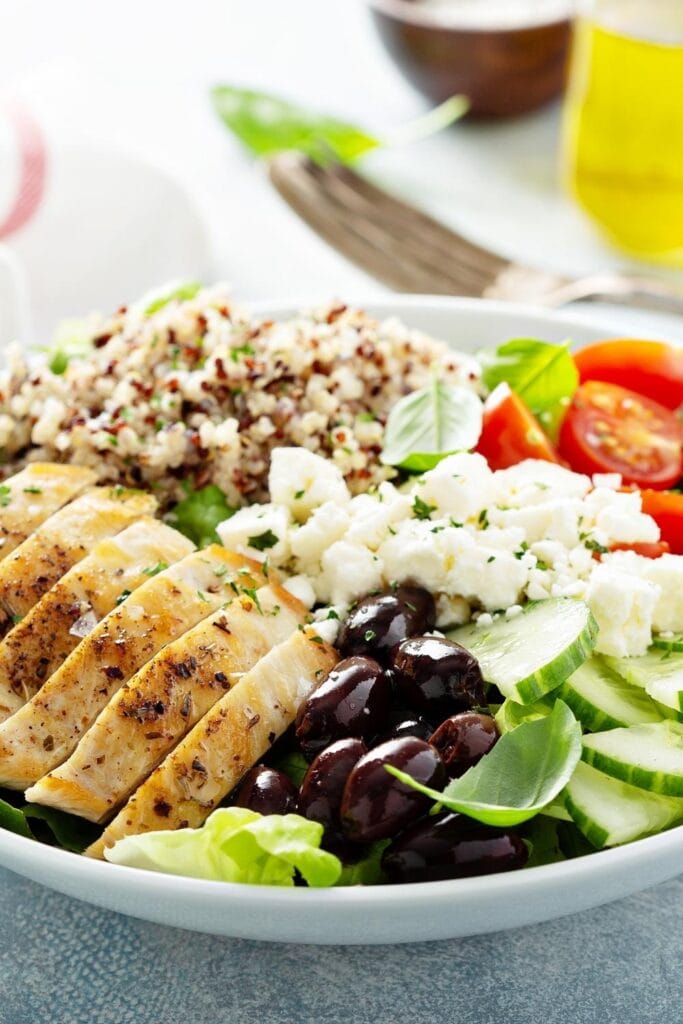 Greek Chicken Bowl with Black Beans, Cucumber, Feta, Quinoa and Tomatoes
