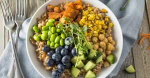 Homemade Healthy Buddha Bowls with Blueberries, Farro and Sweet Potatoes
