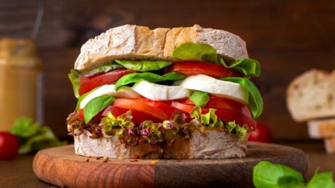 Healthy Homemade Ciabatta Sandwich with Mozzarella Cheese, Tomatoes and Basil