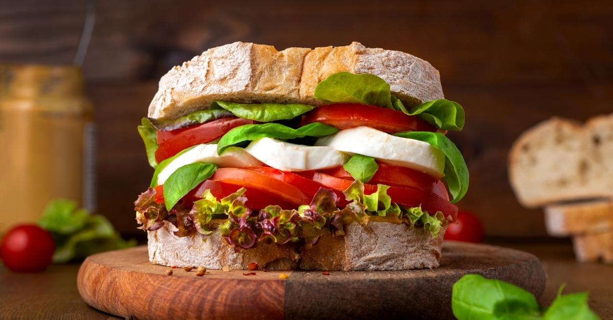 Healthy Homemade Ciabatta Sandwich with Mozzarella Cheese, Tomatoes and Basil