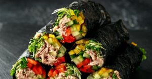 Healthy Nori Wraps with Mango, Cucumber, Carrots and Tuna