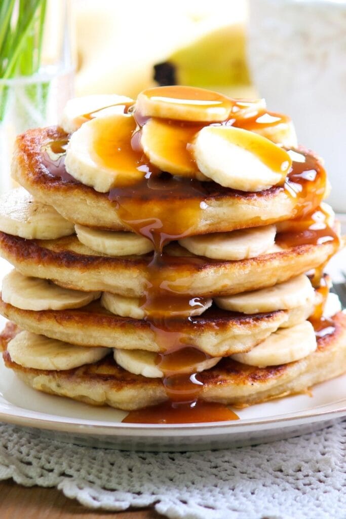 Homemade Banana Pancakes Drizzled with Caramel