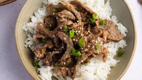 Homemade Beef Bulgogi and Rice with Green Onions and Sesame Seeds in a Bowl
