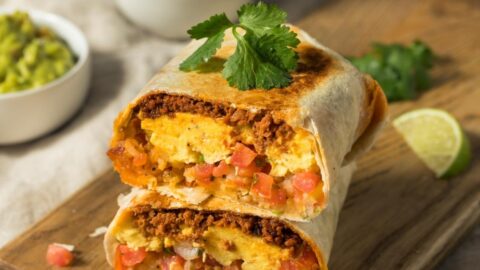 Homemade Breakfast Burrito Wraps with Eggs, Salsa and Chorizo