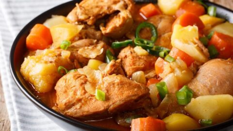 Homemade Chicken Stew with Green Onions, Carrots and Potatoes in a Black Plate