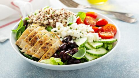 Homemade Greek-Style Lunch Bowl with Chicken, Black Beans, Cucumber, Feta, Quinoa and Tomatoes