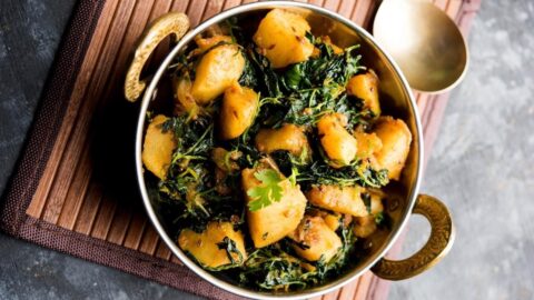 Homemade Indian Aloo Methi or Potato Salad with Spinach and Spices