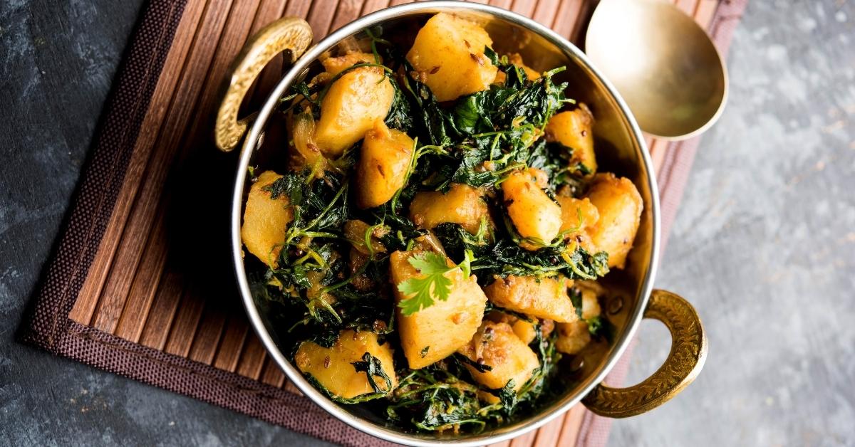 Homemade Indian Aloo Methi or Potato Salad with Spinach and Spices
