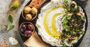 Homemade Labneh Dip with Cream Cheese, Olives and Herbs