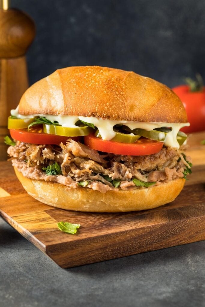 Homemade Mexican Pork Torta Sandwich with Tomatoes, Jalapeños and Mayonnaise