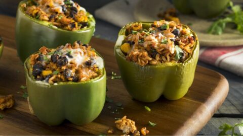 Homemade Stuffed Green Bell Peppers with Rice and Meat
