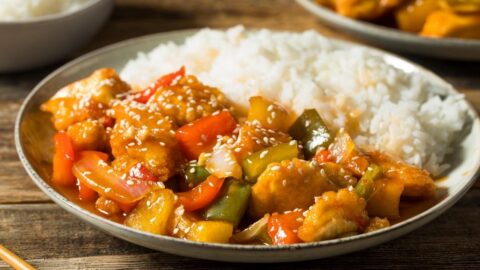 Homemade Sweet and Sour Chicken with Pepper, Pineapple and Rice
