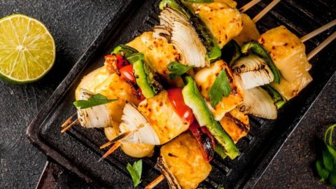 Homemade Vegan Grilled Cheese and Vegetable Kebabs with Lime