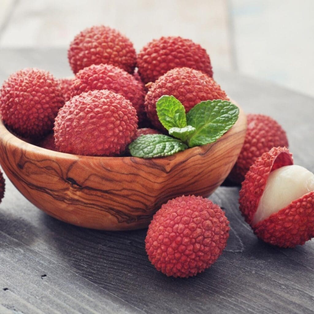 Wooden Bowl Filled With Lychees