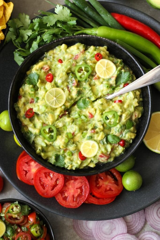 Mexican Guacamole with Avocados, Lime, Scallions, and Tomatoes