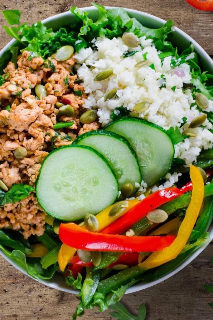 Ground Turkey Paleo Taco Bowl with Bell Peppers, Cucumber and Cauliflower Rice