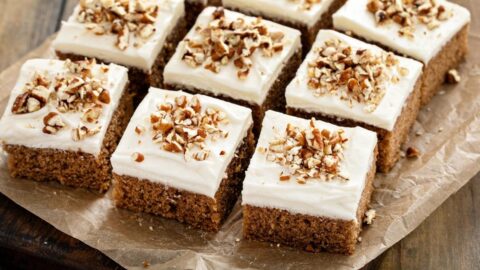 Pumpkin Spiced Cake Squares with Cream Cheese Frosting and Nuts
