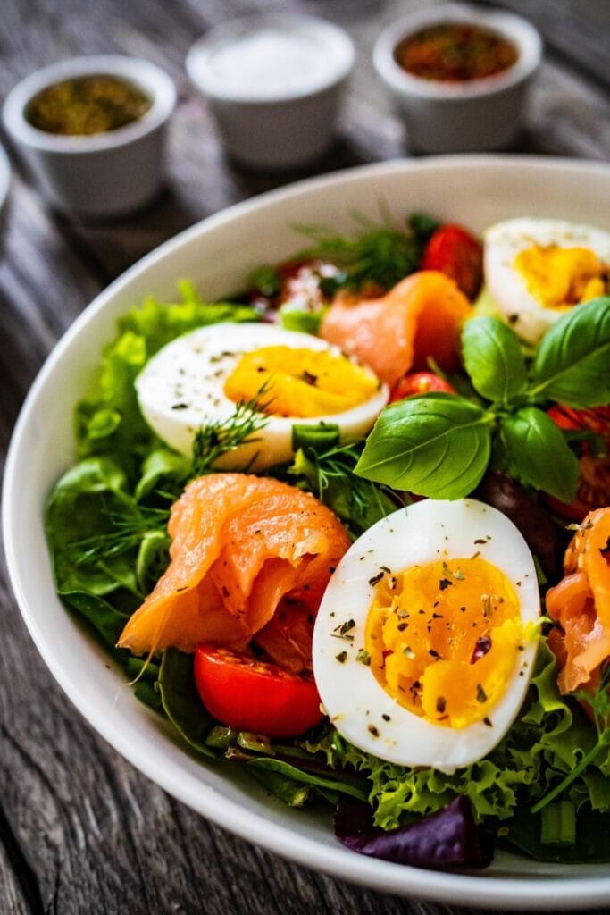 Salmon Salad with Green Vegetables and Hard Boiled Eggs