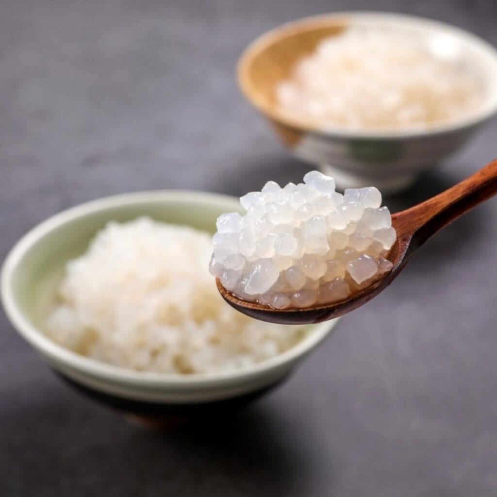 Shirataki Rice Scooped With A Wooden Spoon
