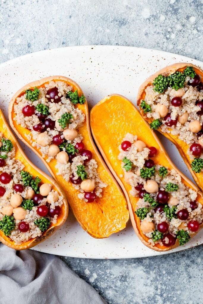 Stuffed Butternut Squash with Cranberries, Quinoa and Chickpeas
