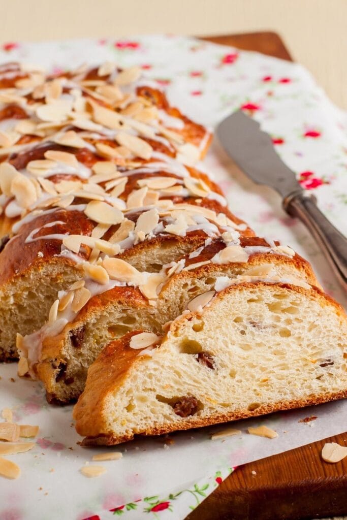 Sweet Braided Bread with Flaked Almonds and Raisins