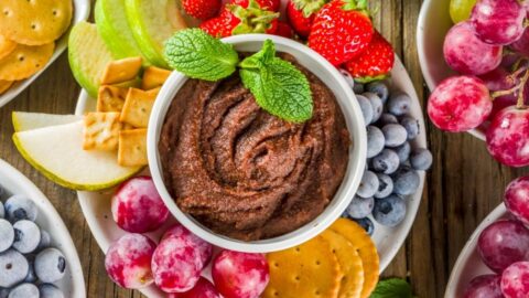 Sweet Hummus Dip with Strawberries, Apple, Grapes and Crackers