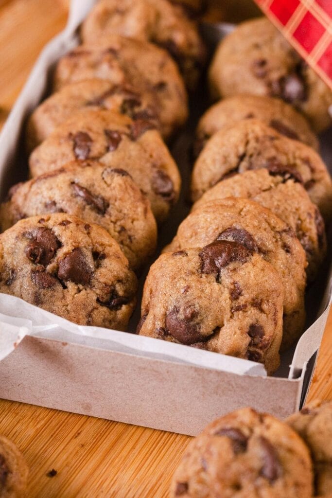 Mini sweet chocolate chip cookies in a box