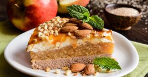 Sweet Sliced Apple Cake Topped with Caramel and Almonds