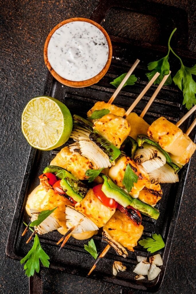 Vegan Grilled Cheese and Vegetable Kebabs with Sauce