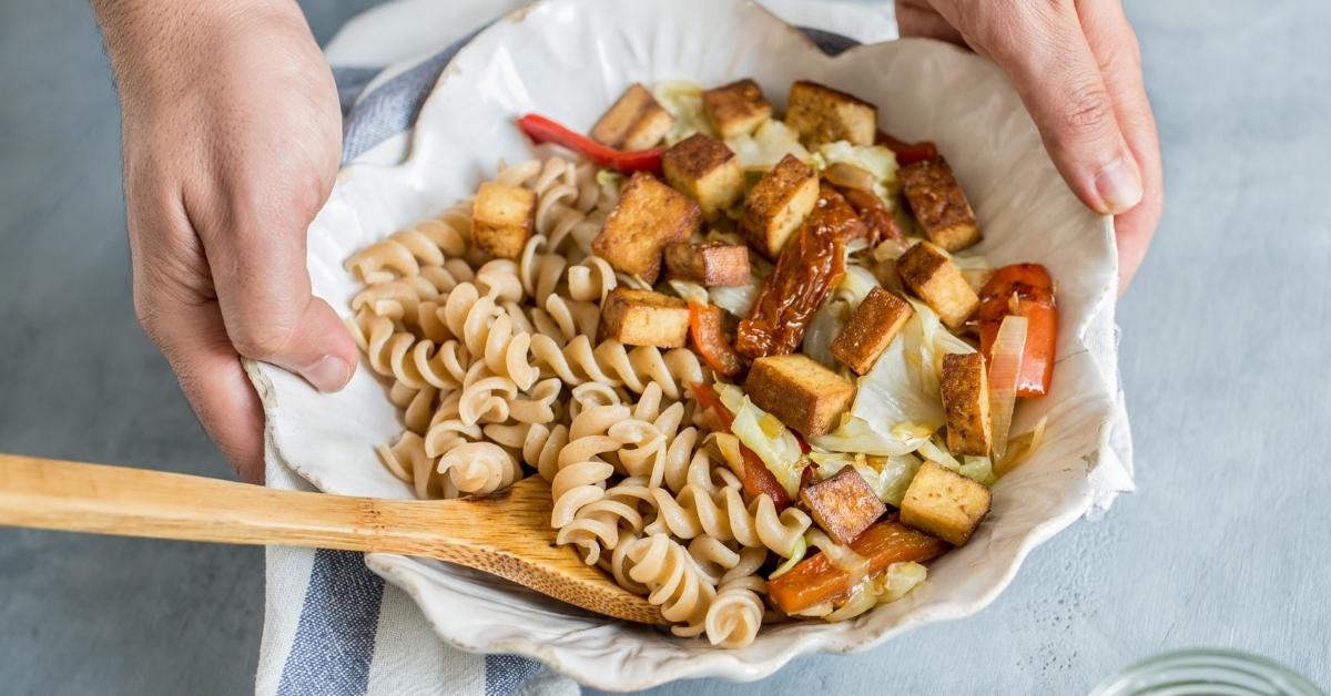 Vegetarian Pasta Salad with Tofu and Pepper in a Bowl