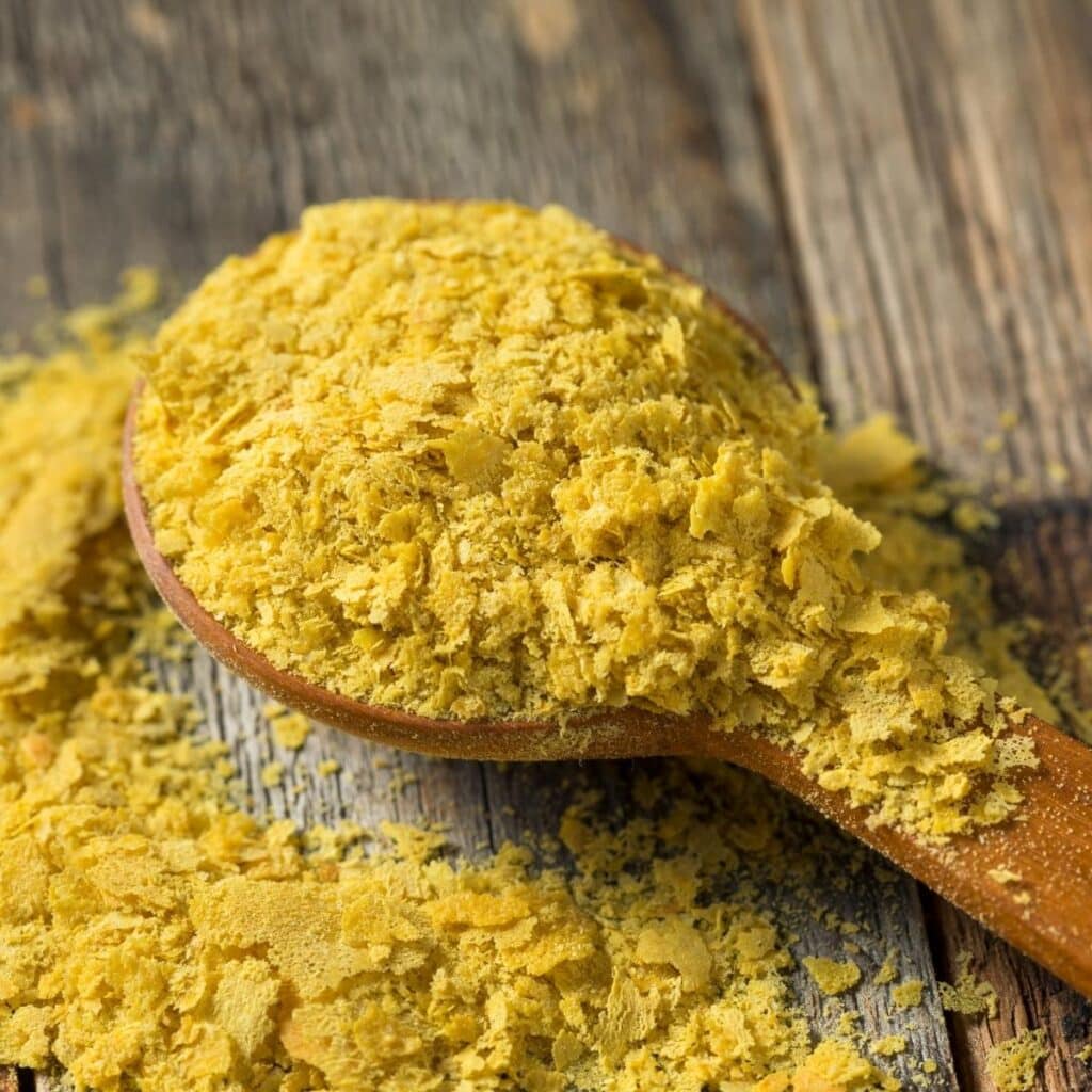 Yellow Organic Nutritional Yeast on a Wooden Spoon