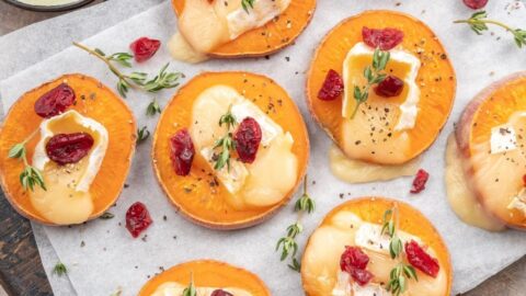Appetizing Homemade Baked Sweet Potato Rounds with Cheese, Walnuts and Cranberries
