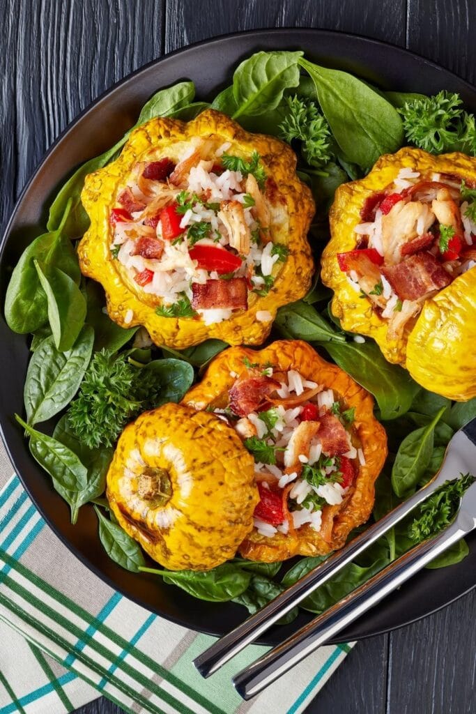 Baked Patty Pan Squash with Rice and Bell Peppers