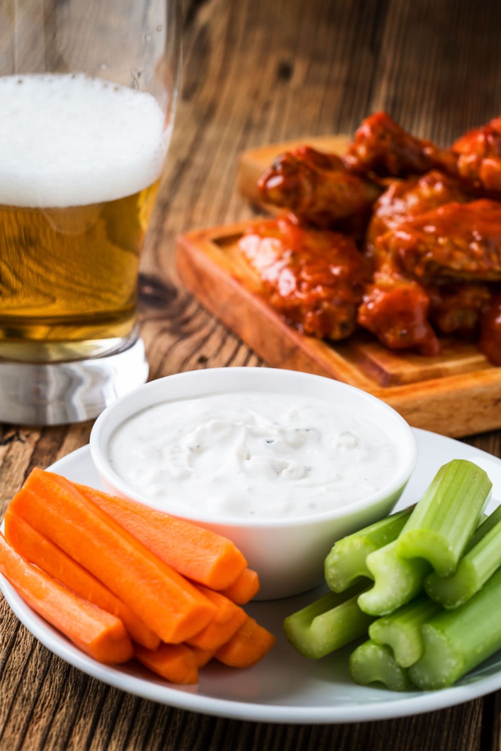 Buffalo Chicken Wings with Beer, Celery, Carrots and Dip