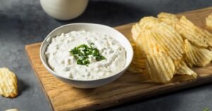 Bowl of French Onion Sour Cream Dip with Chips