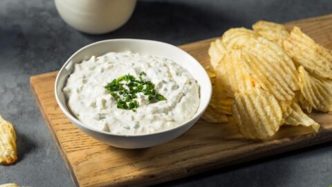 Bowl of French Onion Sour Cream Dip with Chips