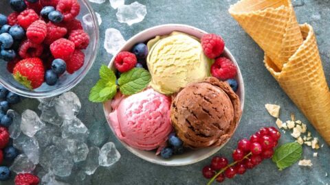 Bowl of Homemade Flavored Sherbet with Blueberries, Strawberries and Raspberries