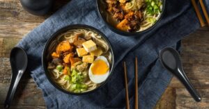 Bowl of Homemade Ramen Noodles with Egg and Tofu