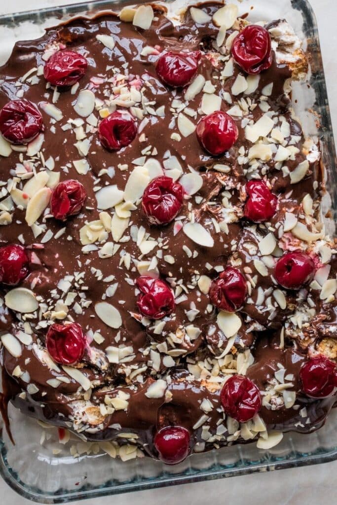 Chocolate Pudding Cake Topped with Cherry and Almonds