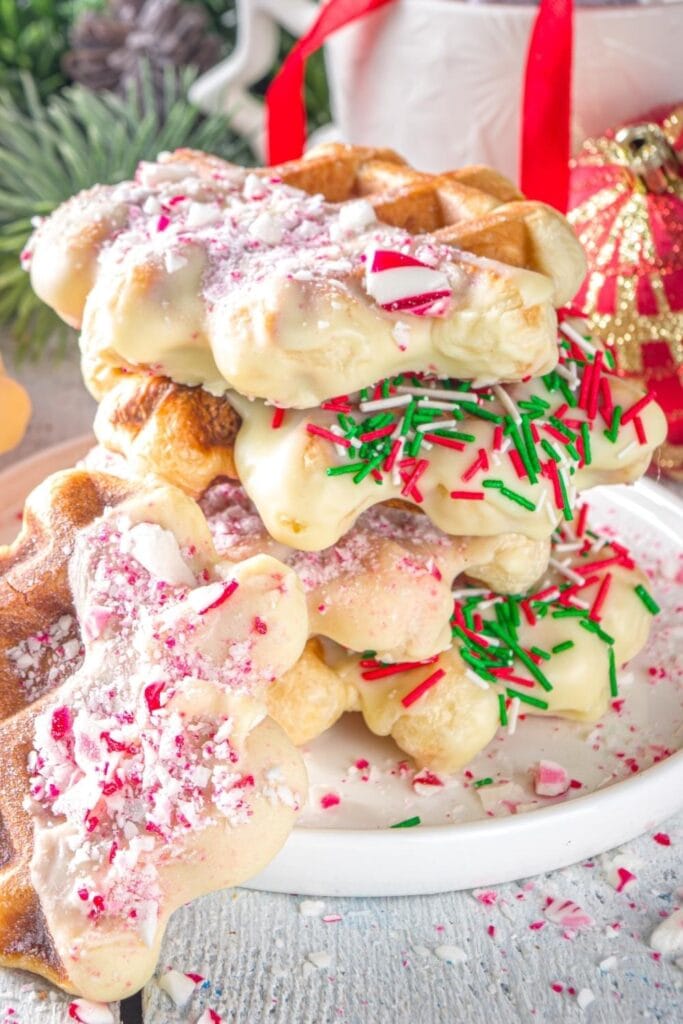 Christmas Waffles with Peppermint Candies and Sprinkles