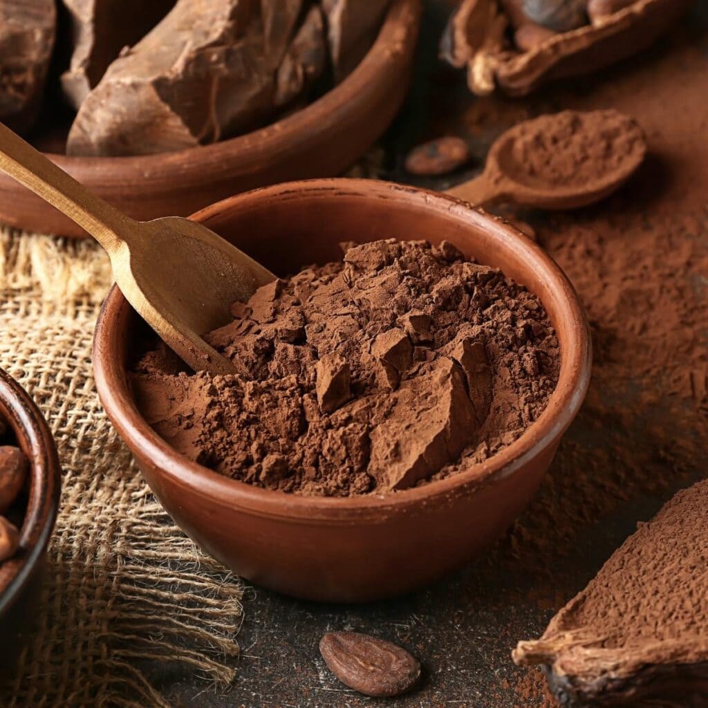 Cocoa Powder In a Wooden Bowl