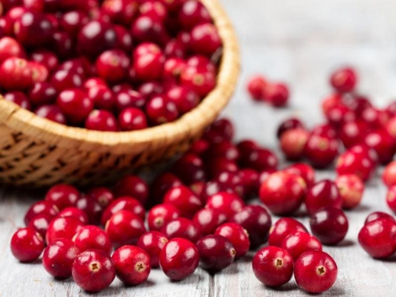 Basket of Cranberries Spilling onto a Wooden Table