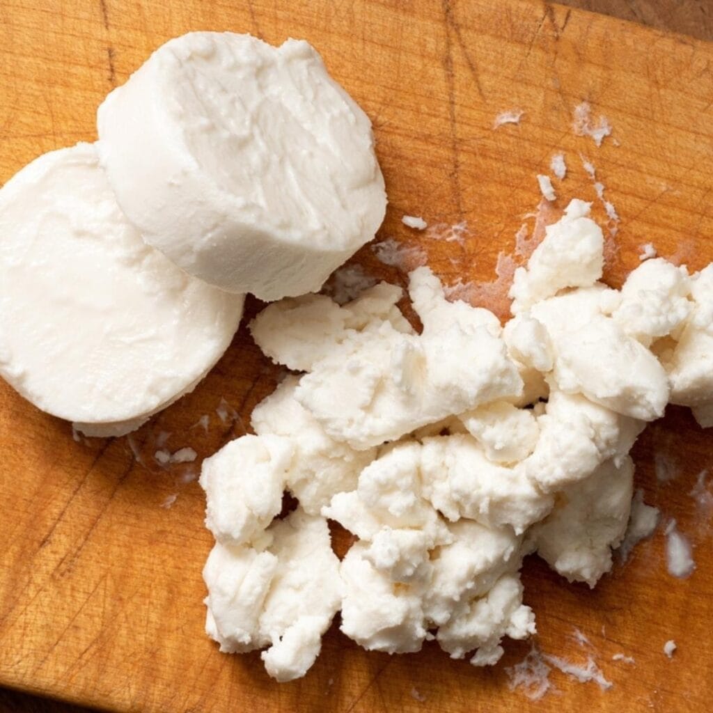 Whole and Crumbled Goat's Cheese on a Wooden Chopping Board