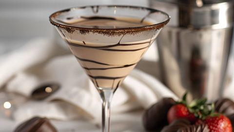 Close Up of Godiva Chocolate Martini with a Chocolate Drizzle in a Martini Glass with a Cocktail Shaker and Chocolate-Covered Strawberries in the Background