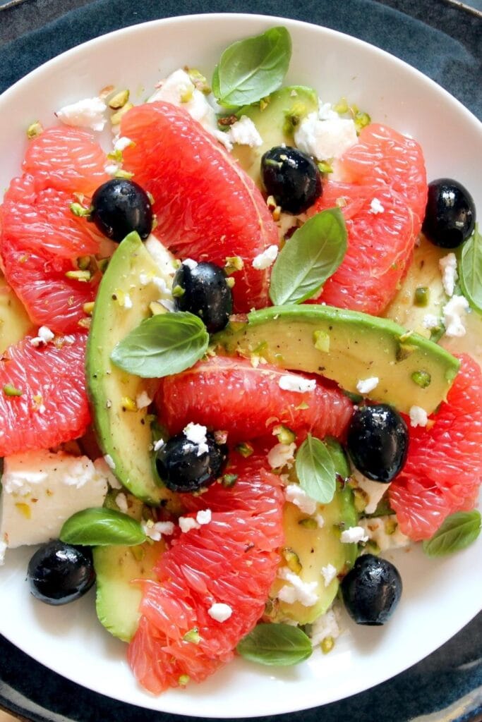 Grapefruit Avocado Salad with Black Olives and Cheese
