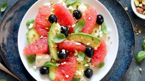 Healthy Homemade Avocado Grapefruit Salad with Black Olives and Cheese