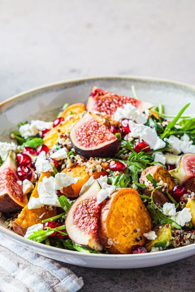 Healthy Salad with Potatoes, Brussel Sprouts, Figs and Feta Cheese
