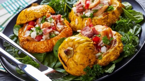 Healthy Stuffed Patty Pan Squash with Rice and Red Bell Peppers