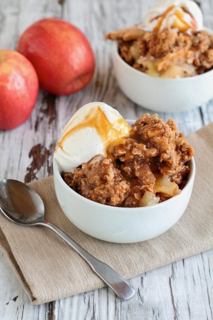 Homemade Apple Crisp with Ice Cream in a Bowl