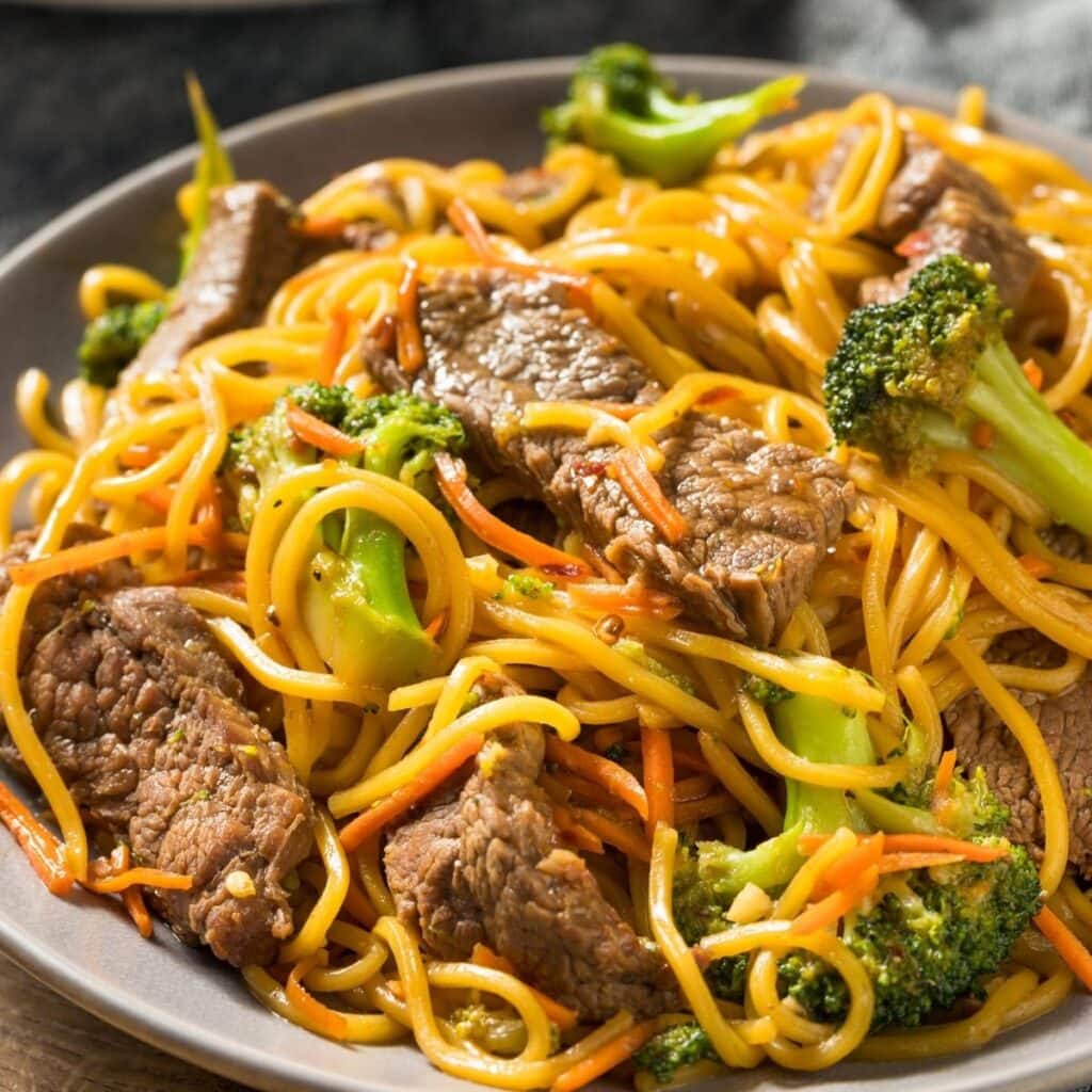 Homemade Beef Lo Mein with Carrots and Broccoli